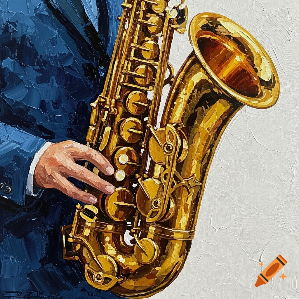 Close-up oil painting of a hand playing a golden saxophone.
