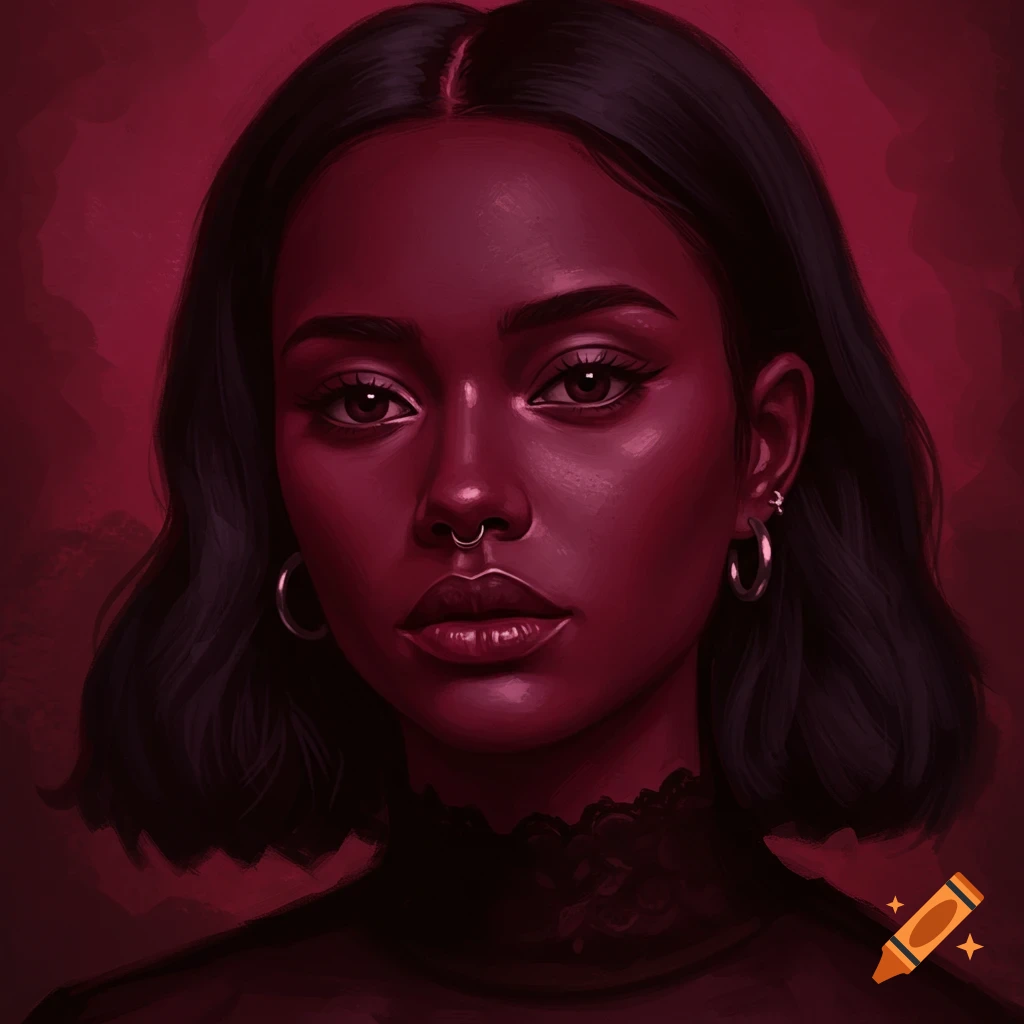 A person with a septum ring and hoop earrings is shown against a burgundy background.