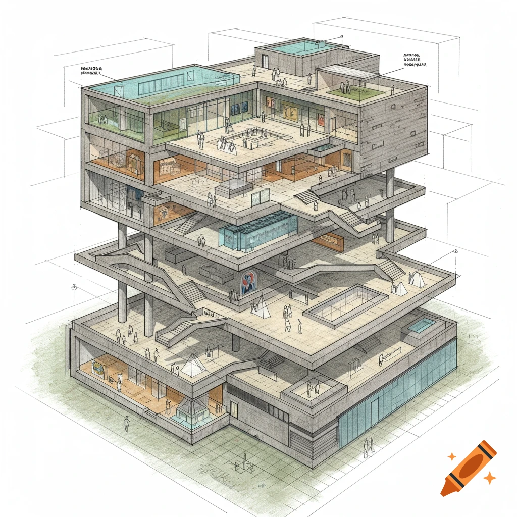 Architectural drawing of a layered museum interior.
