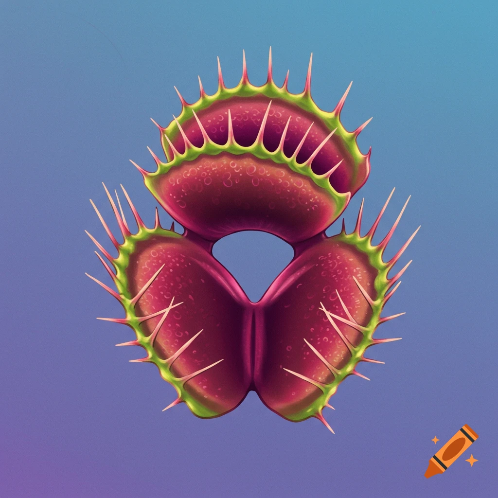 A red and green Venus flytrap on a gradient blue background.
