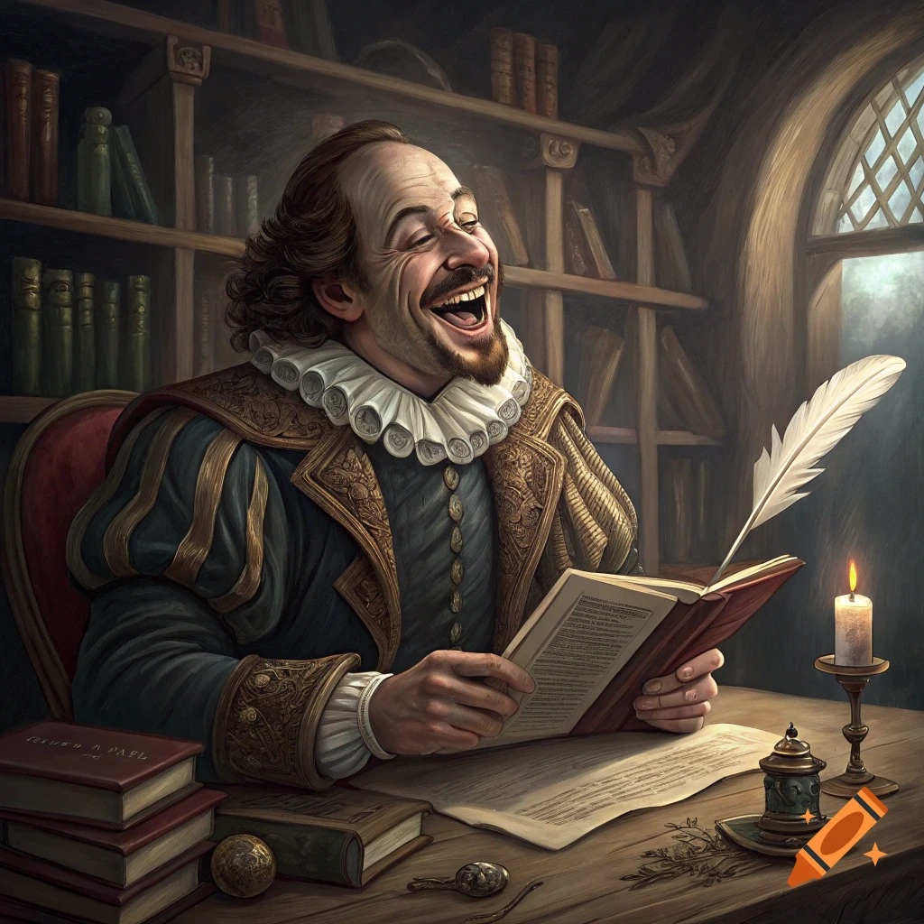 Painting of William Shakespeare laughing while reading a book in a library.
