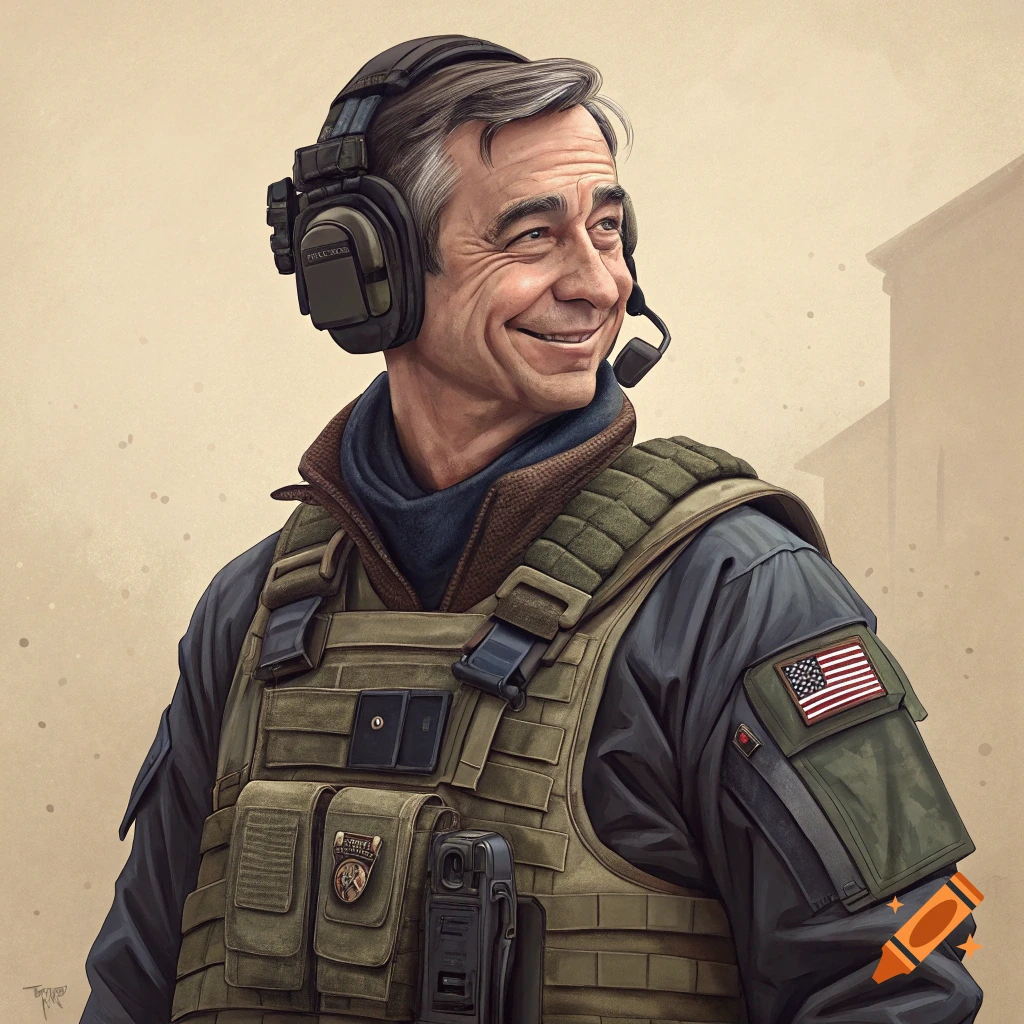 A man resembling Mr. Rogers in military tactical gear and headphones, smiling.