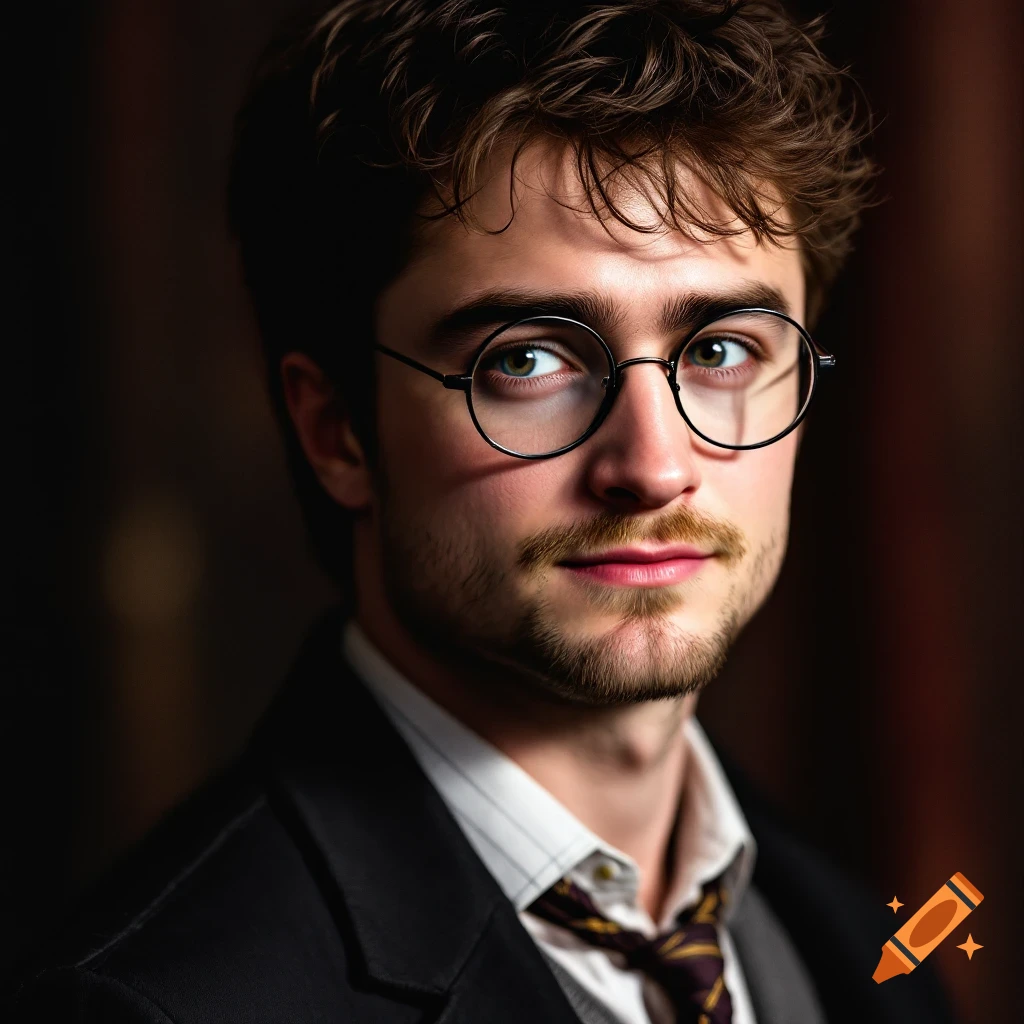 A realistic portrait of a man resembling Daniel Radcliffe wearing round glasses and a suit.