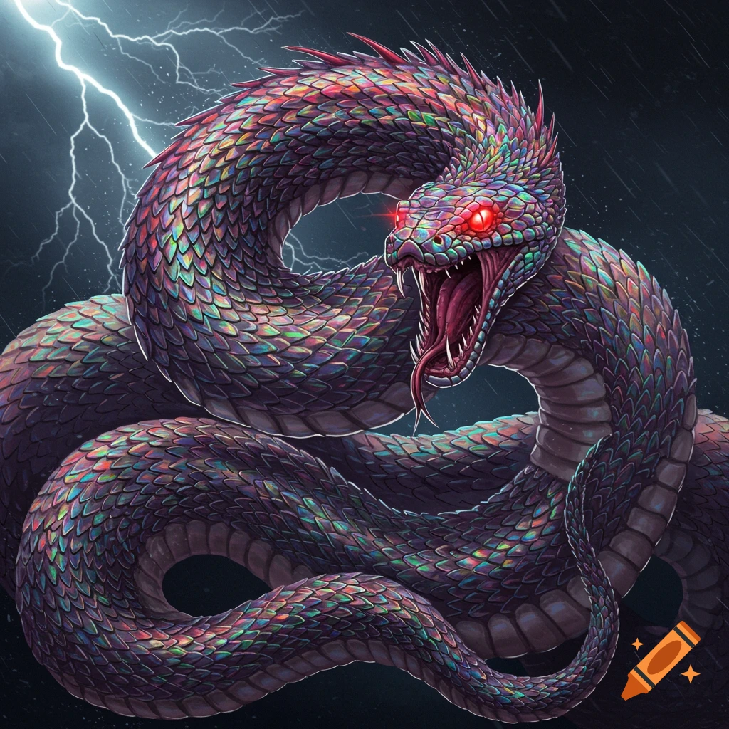 A large, colorful snake with red eyes is pictured under stormy lightning.