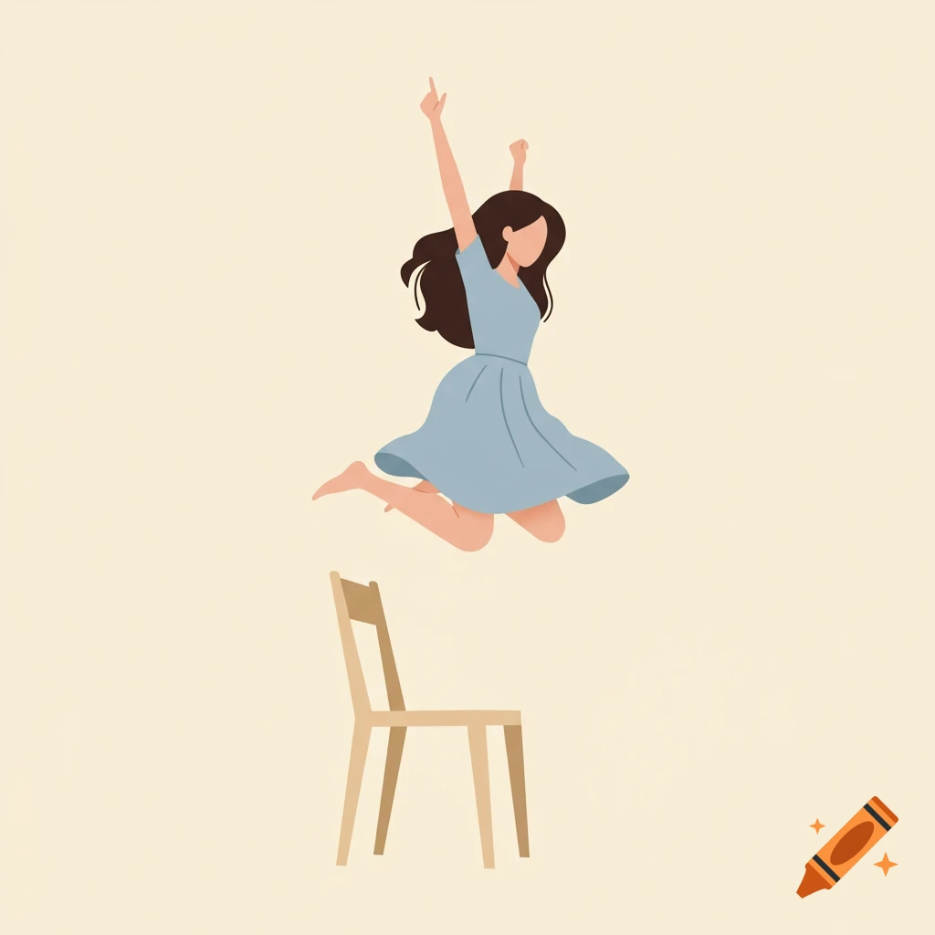 Minimalist illustration of a woman jumping from a chair.