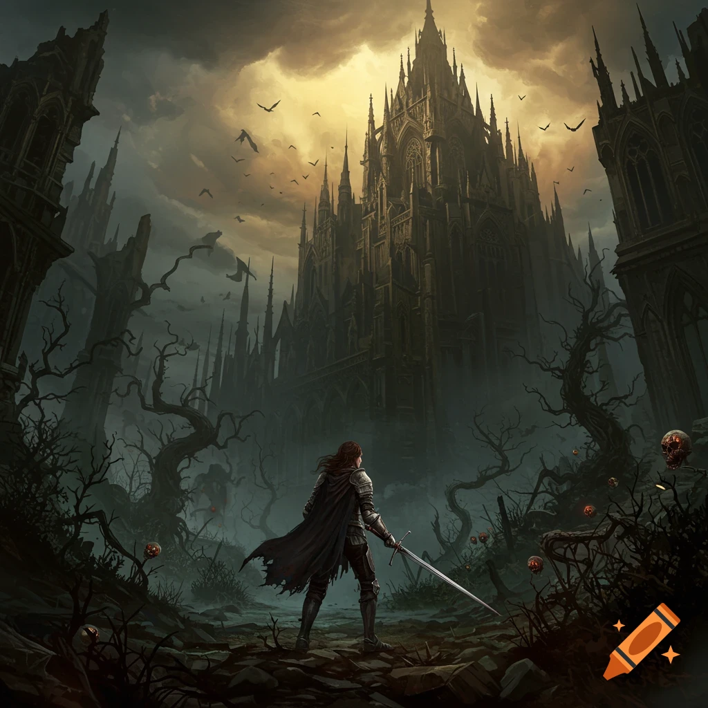 A person in armor with a sword looks towards a large gothic cathedral in a dark fantasy landscape with dead trees and skulls.