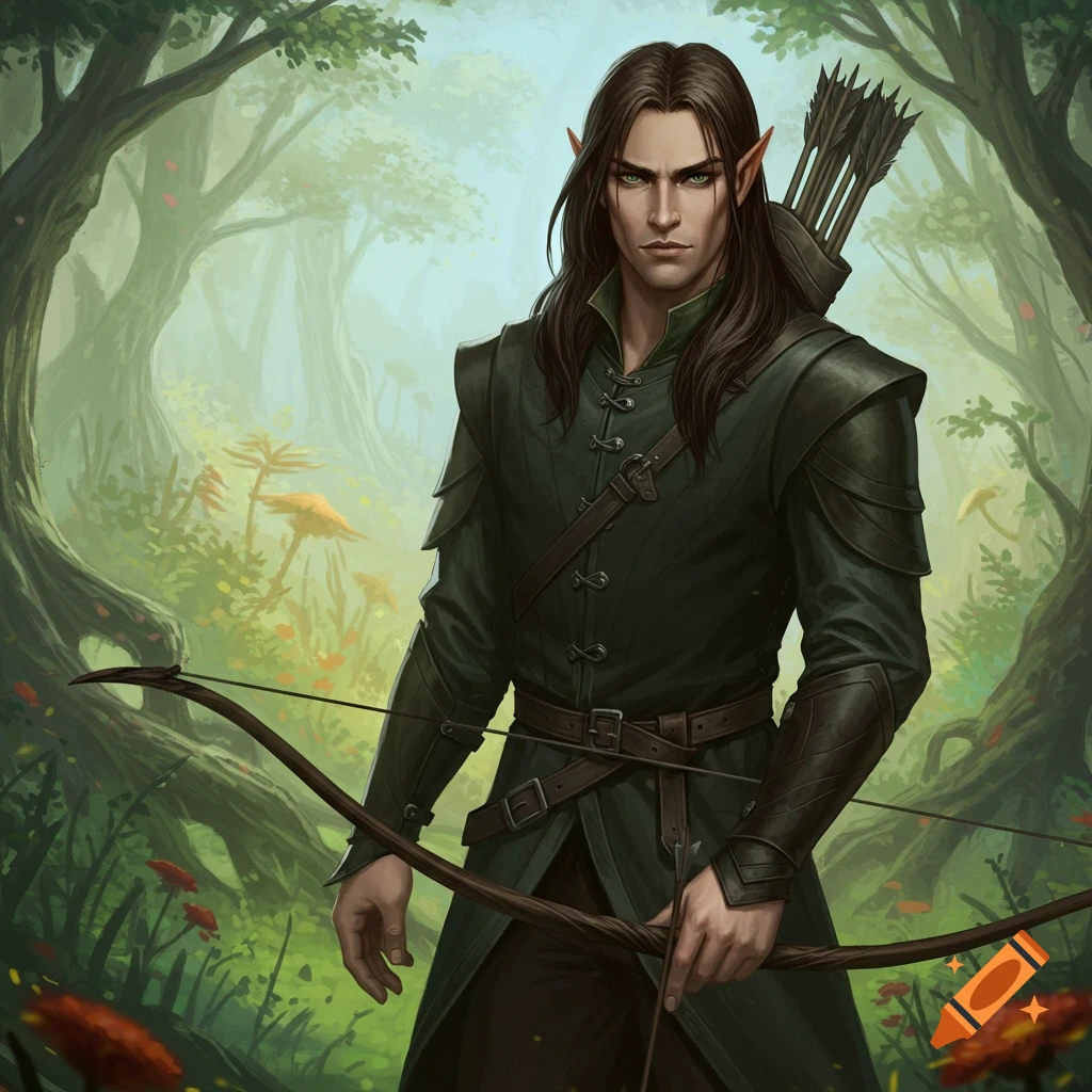 A male elf with long hair, green eyes, a bow, and a quiver stands in a forest setting.