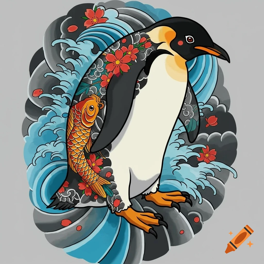 Irezumi style penguin tattoo with a koi fish, flowers, and waves.