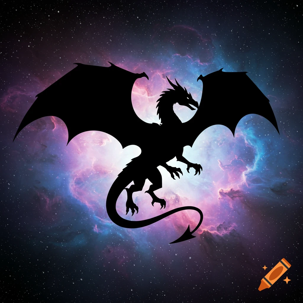 Black silhouette of a dragon flying against a colorful nebula and starry sky.