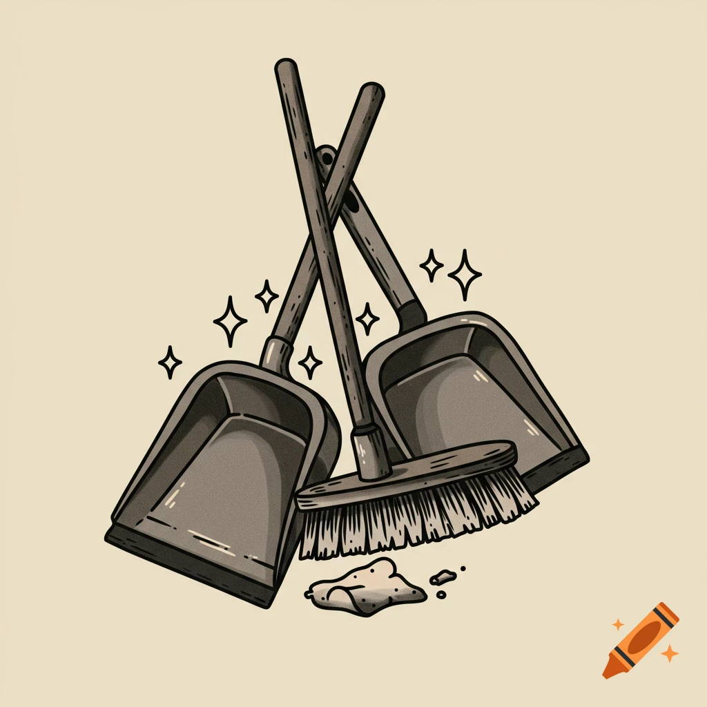 Vintage illustration of crossed broom and dustpans with debris and sparkles.