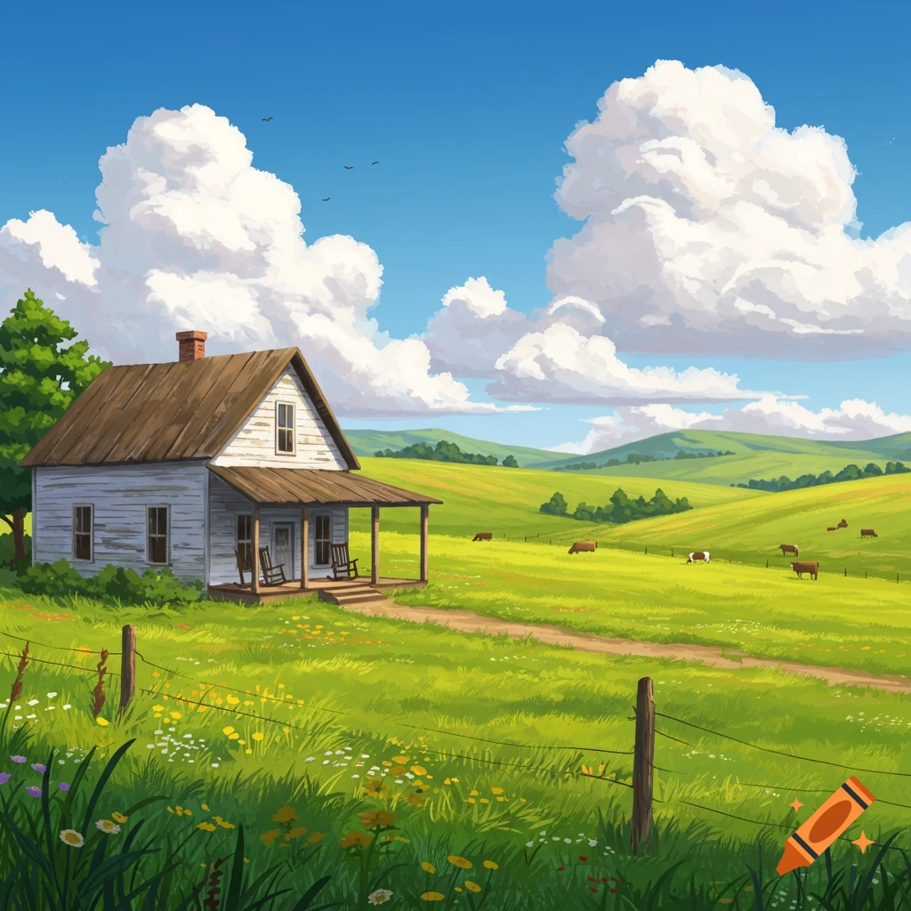 A farmhouse in a rolling green field with cows under a blue sky.