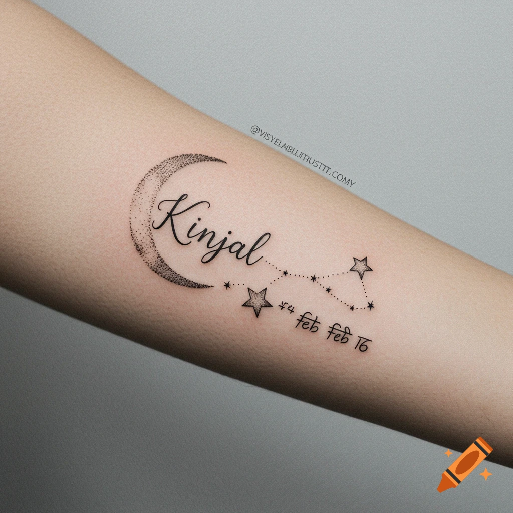 Minimalist black ink tattoo on a forearm featuring a crescent moon, stars, a constellation line, and text.
