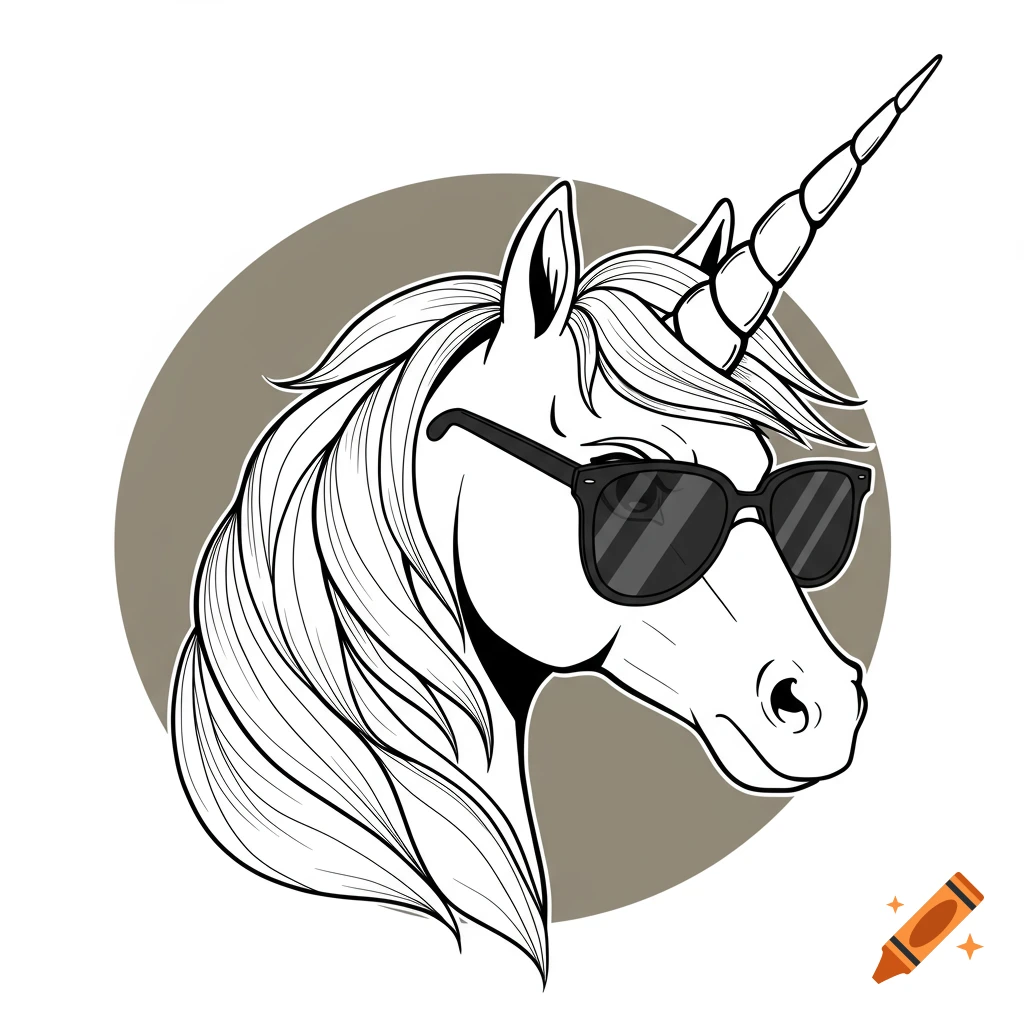 Black and white outline illustration of a unicorn head wearing sunglasses.