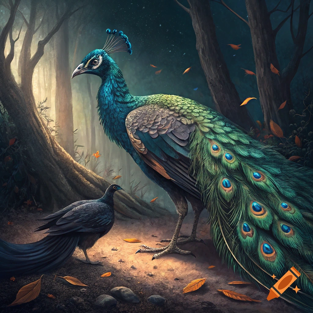 A large peacock and a smaller dark bird stand in a forest with sunlight filtering through trees.