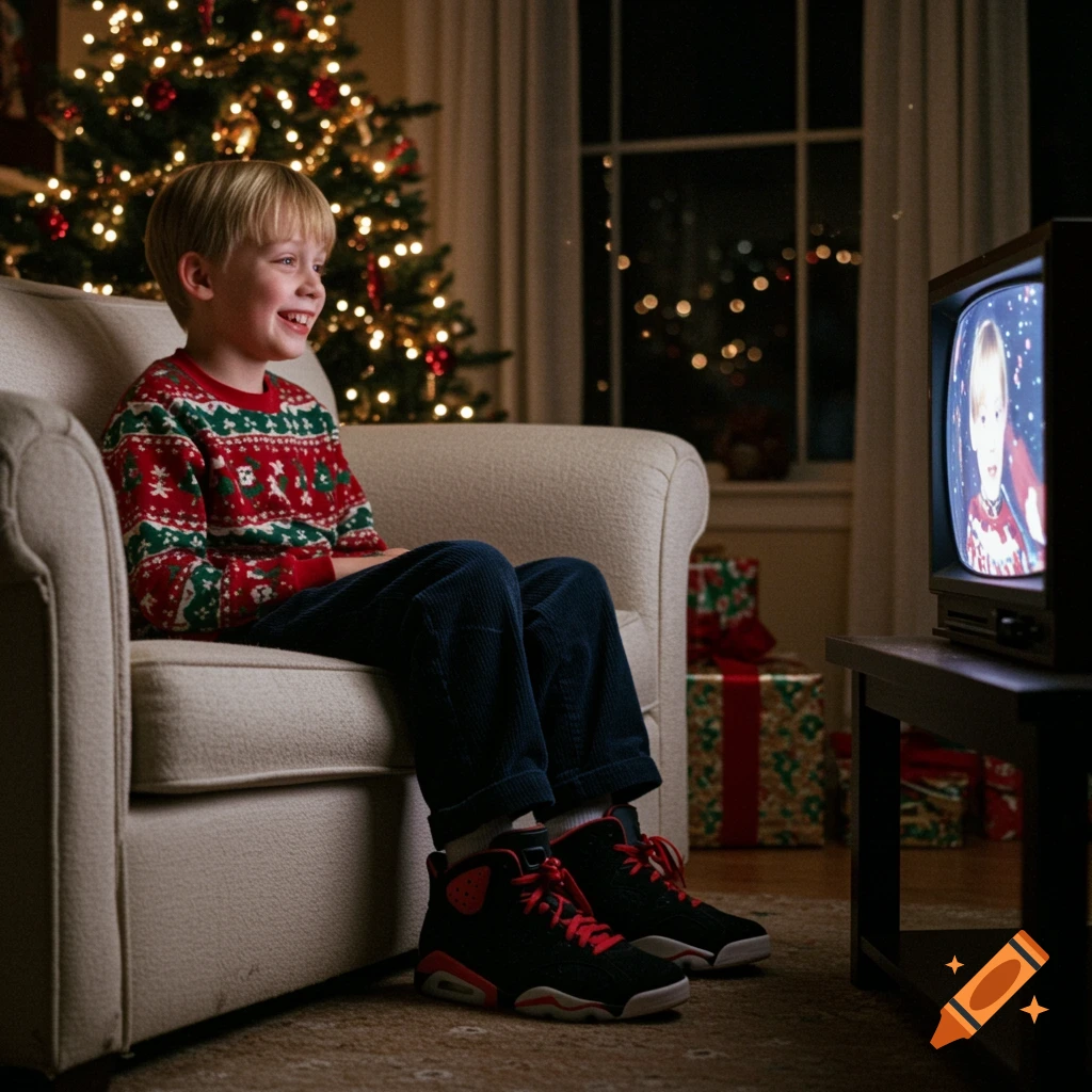 Young boy in a Christmas sweater sits on a couch watching TV near a Christmas tree.