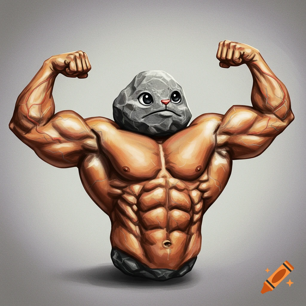 A muscular character with a rock for a head flexing its biceps.