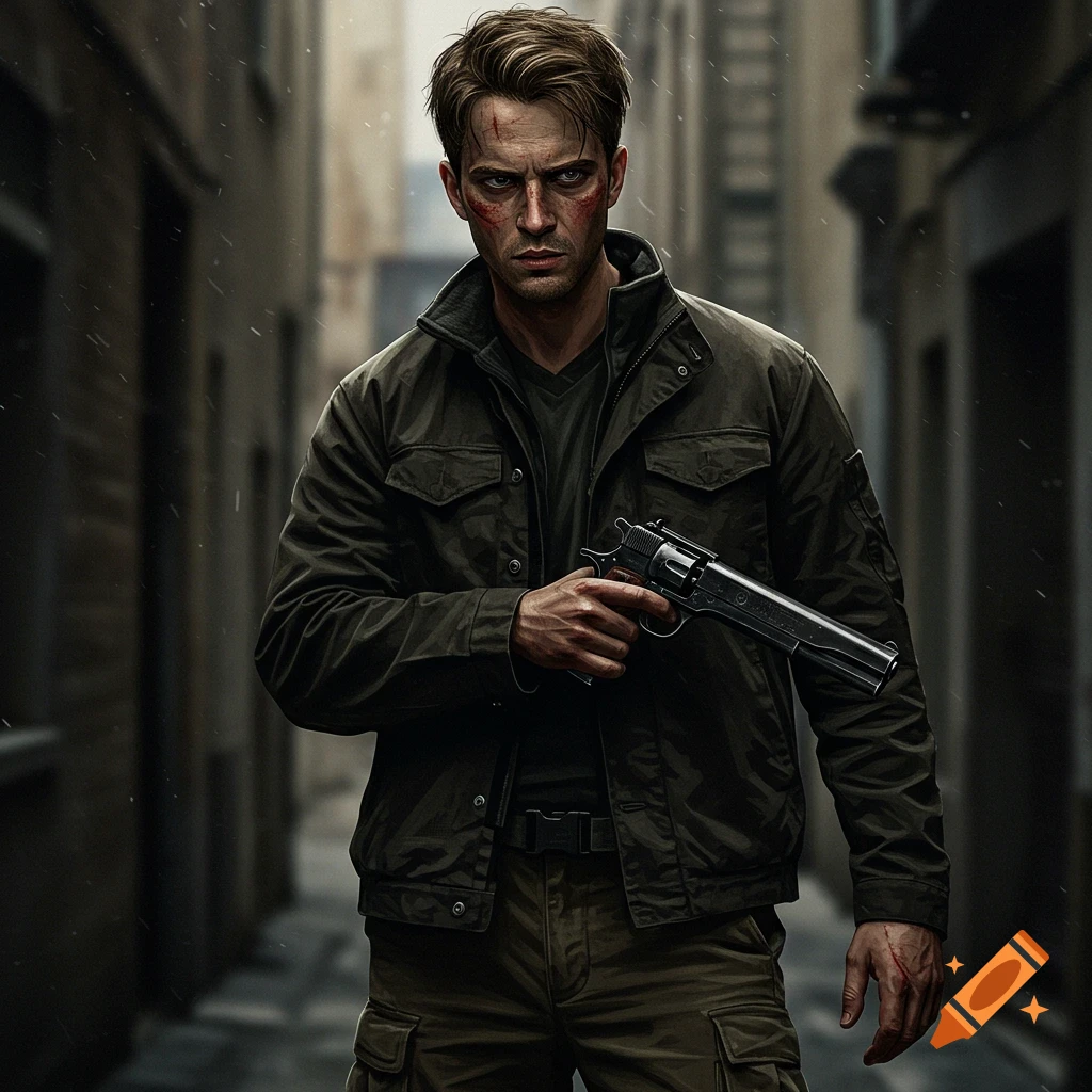 A man with facial injuries holds a revolver in a rainy alley.