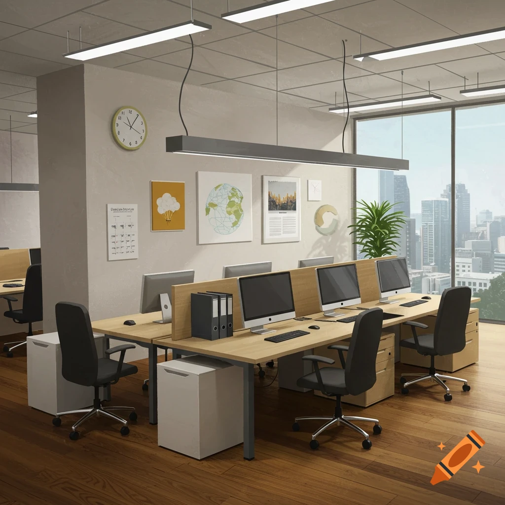 A view of a modern office space with rows of desks, computers, chairs, and large windows overlooking a city skyline.