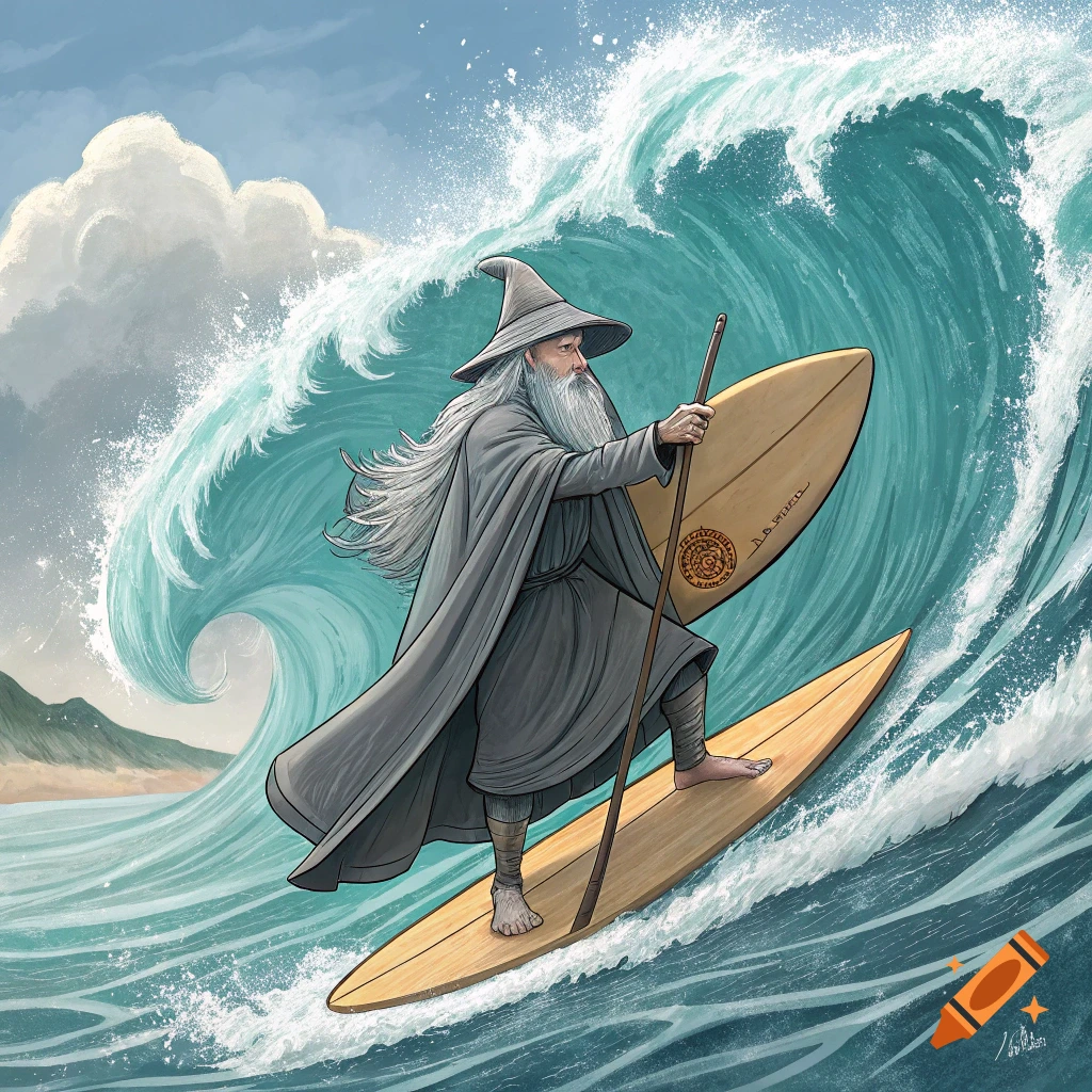 Illustration of Gandalf the Grey surfing on a large wave.