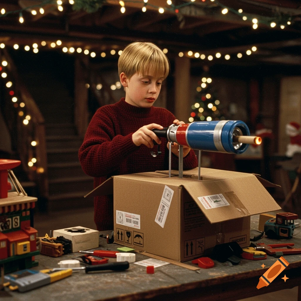 A boy builds a makeshift device on a workbench in a basement decorated with Christmas lights.