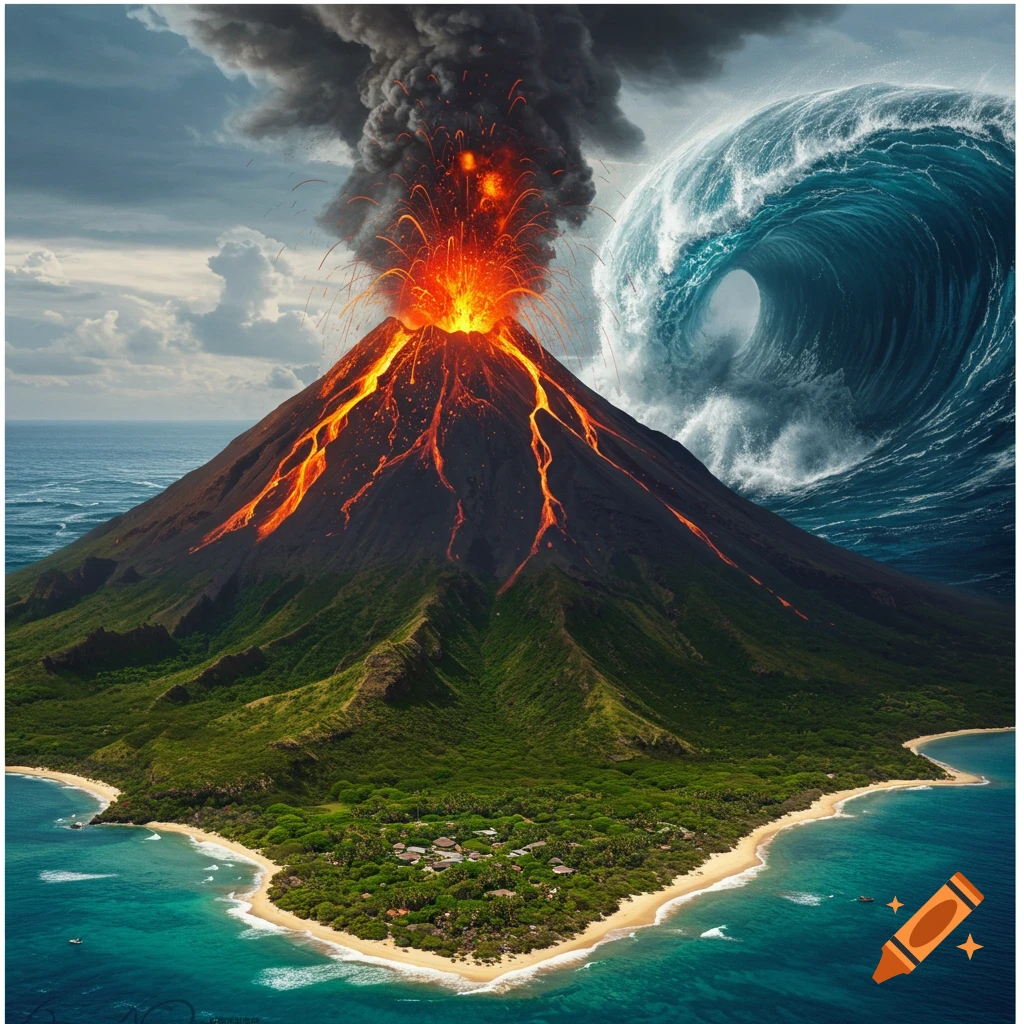 A volcanic island erupts as a large tsunami wave approaches from the ocean.