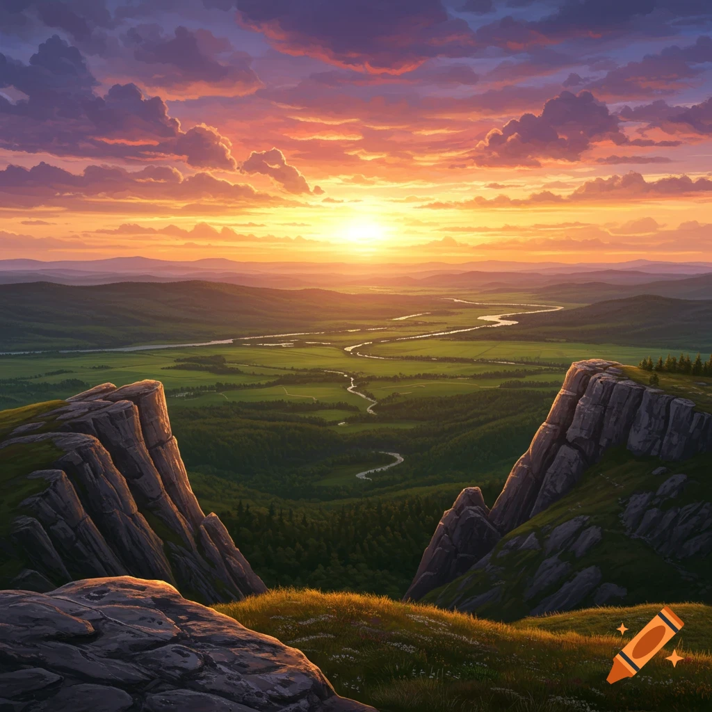 A scenic valley landscape at sunset with a winding river and rocky peaks.