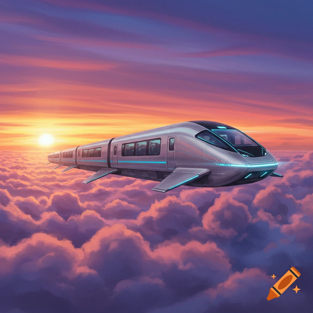 A futuristic silver train flying above clouds at sunset.
