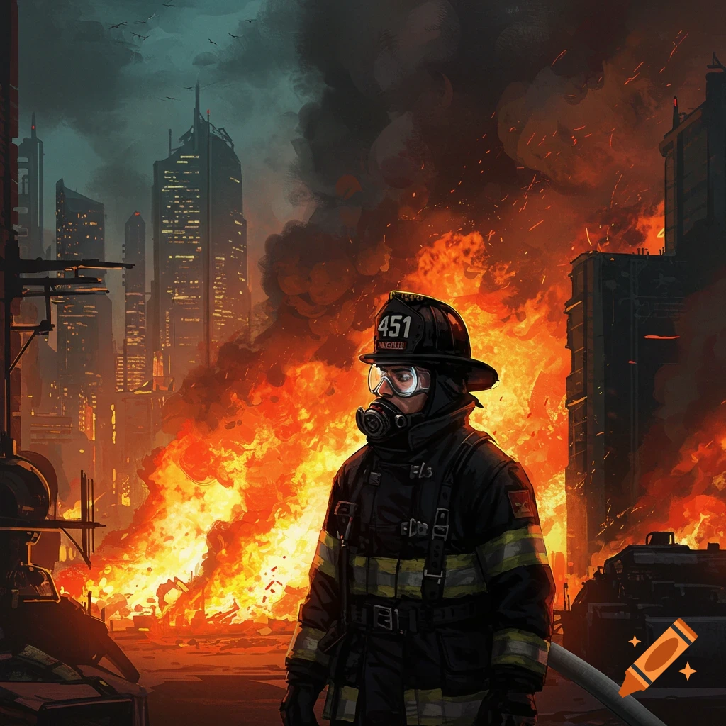A firefighter in mask and gear stands before a burning city.
