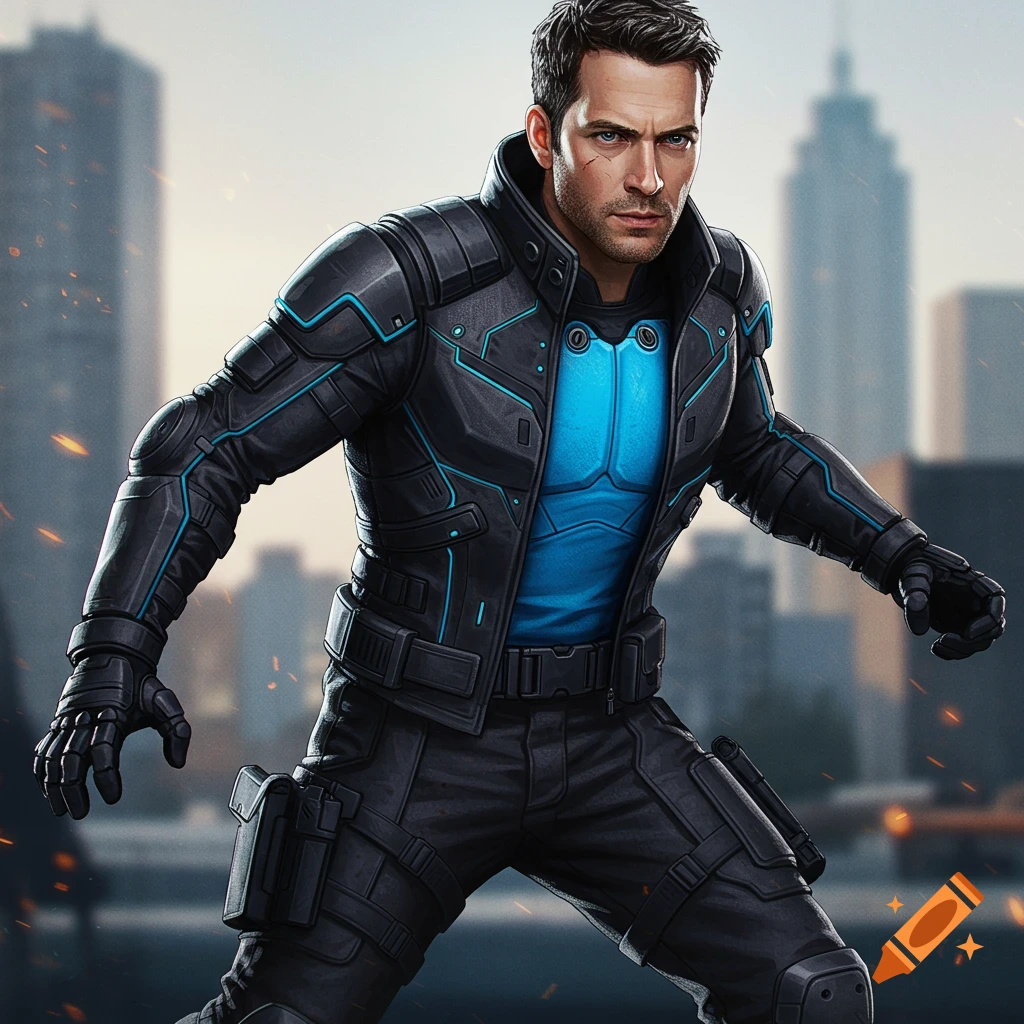 A man in a futuristic superhero suit stands in a city.