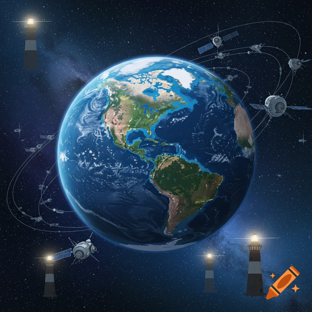 Earth in space with satellites and lighthouses