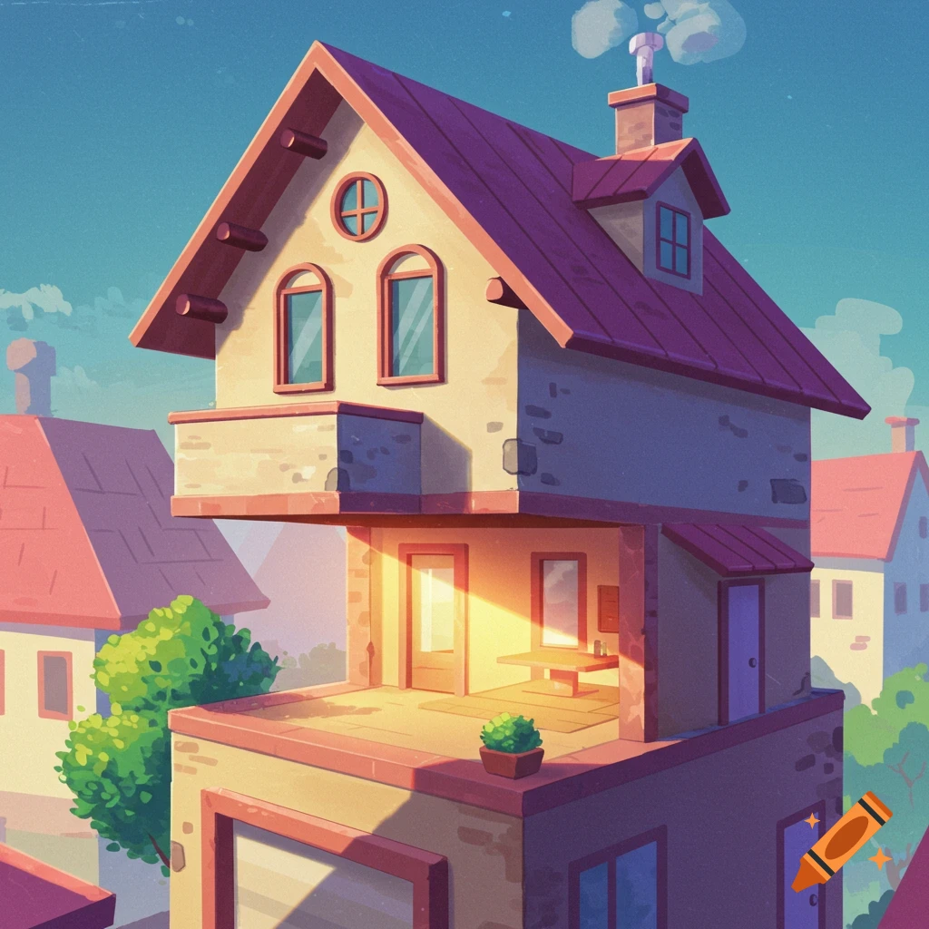 Cartoonish two-story house with a red roof, balcony, and an open lower level under a blue sky.