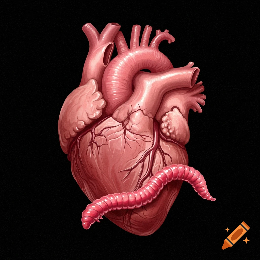 A human heart with a pink worm wrapped around it on a black background.