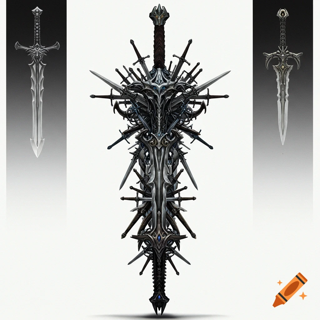 A large fantasy sword forged from smaller swords, flanked by two similar swords.
