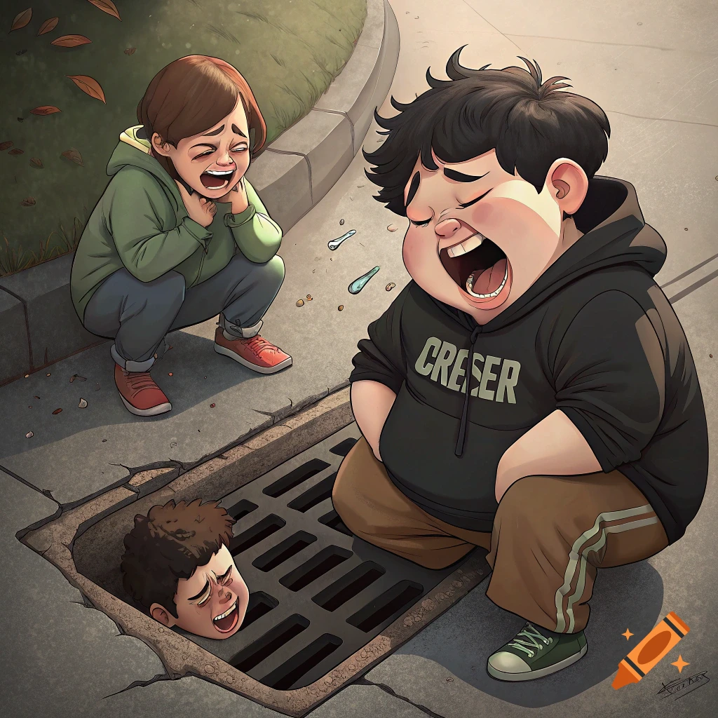 Two cartoon kids laugh at a third kid whose head is stuck in a sewer grate.