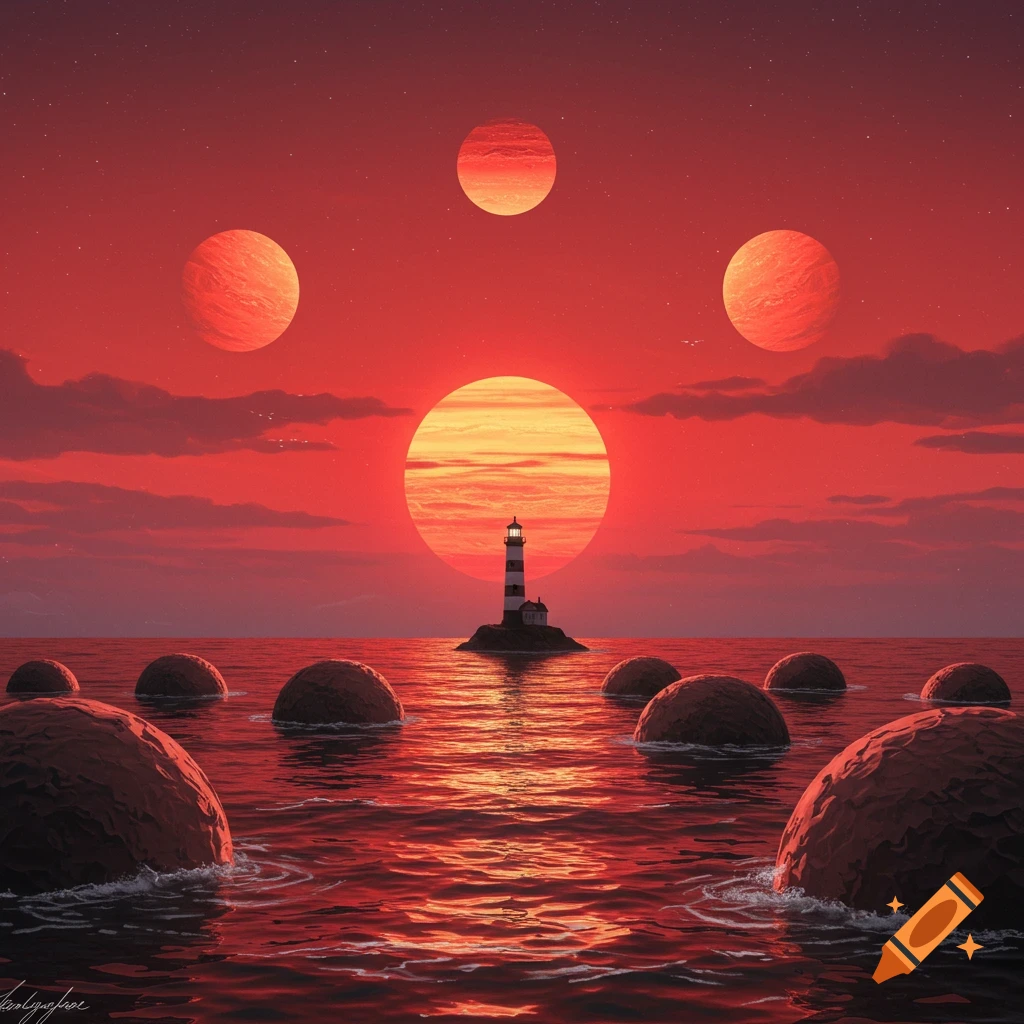 A lighthouse stands in a red sea, under a red sky with three suns. Spherical objects are scattered beneath the red sky.