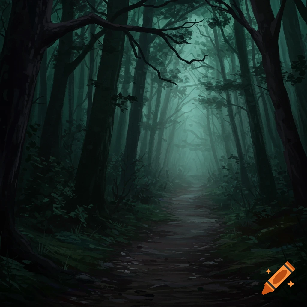 A dark, misty path leads through a spooky forest.