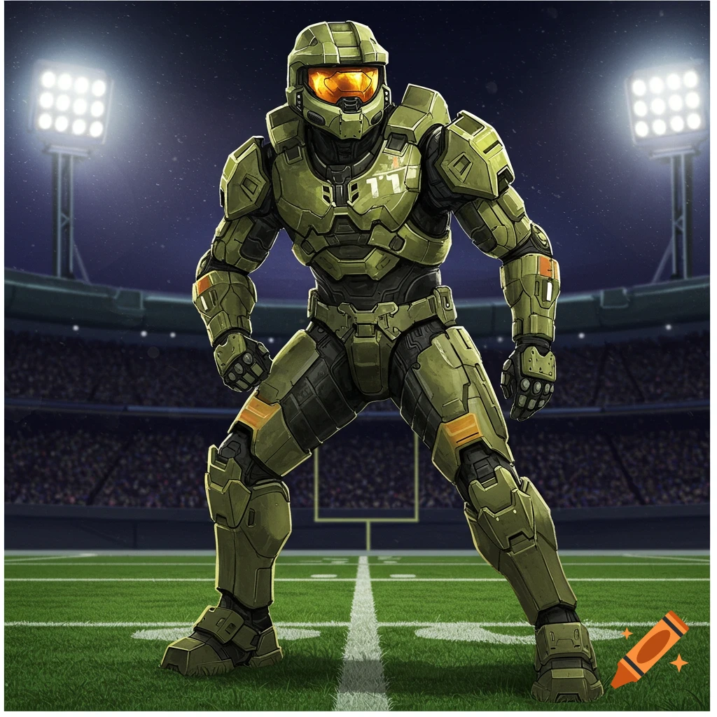 Master Chief in armor standing on a football field at night.