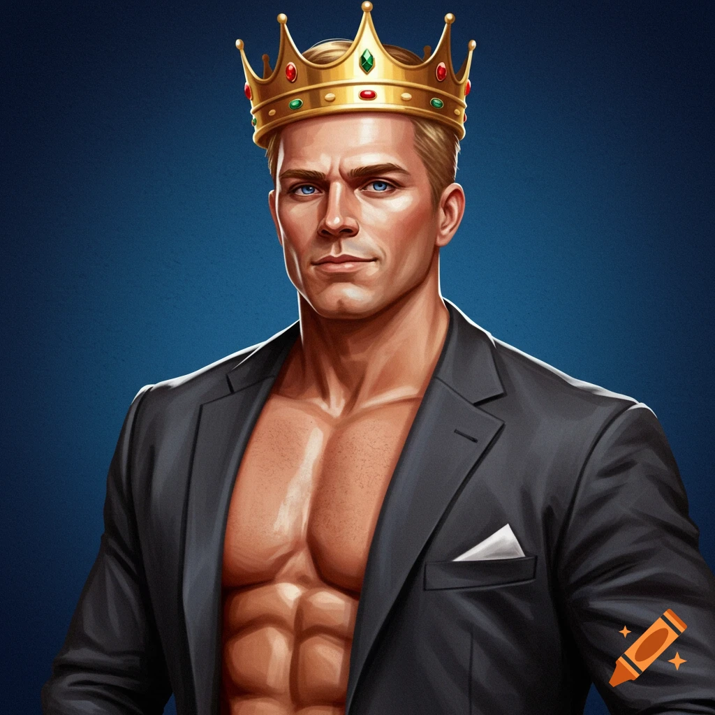Muscular man in an open suit jacket and gold crown on a blue background.