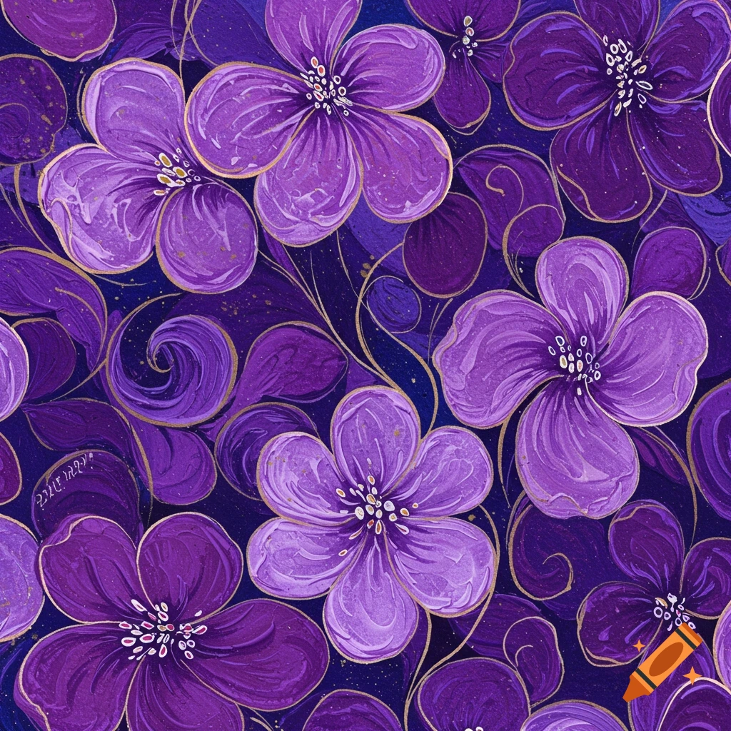 Seamless purple floral pattern with gold accents on a dark blue background.