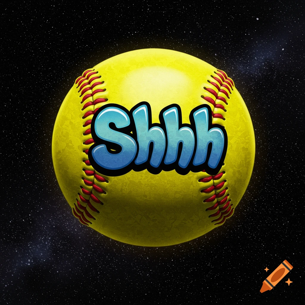 A softball with 'Shhh' written on it is depicted against a starry space background.