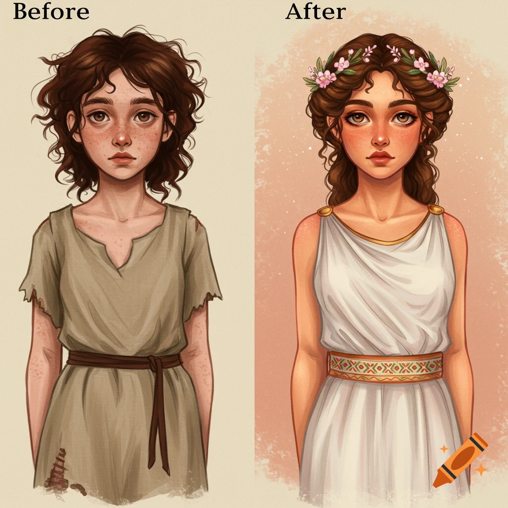 A girl's transformation is shown: initially in ragged clothes, she is later seen in an elegant ancient Greek dress.