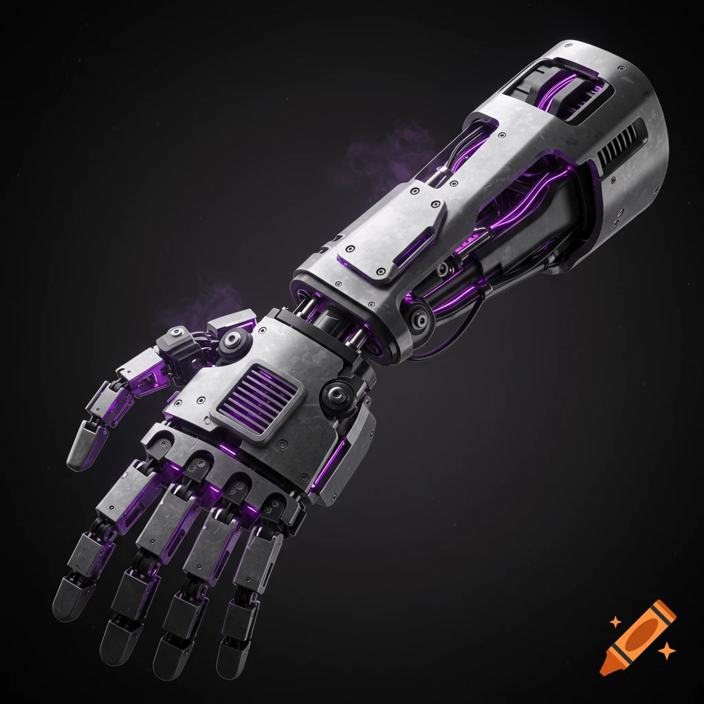 Detailed robotic metal arm with glowing purple wires and heat vents.
