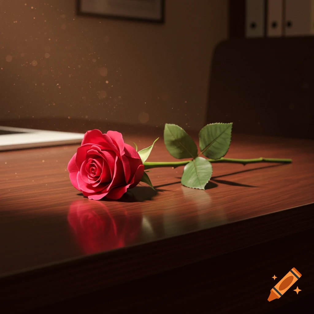 A single red rose lying on a dark wooden office desk
