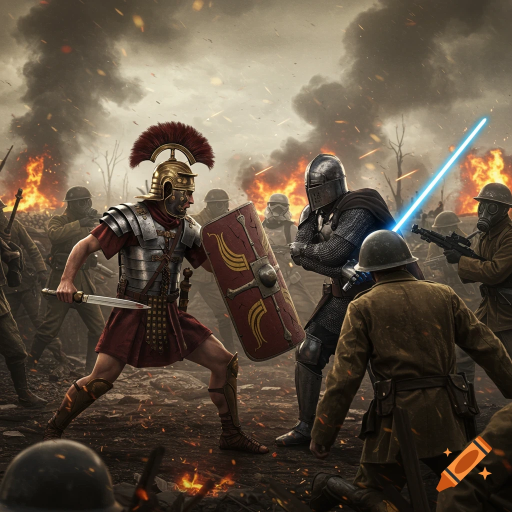 Roman soldier battles a knight with a lightsaber amidst Star Wars characters and WWI soldiers on a smoky battlefield.