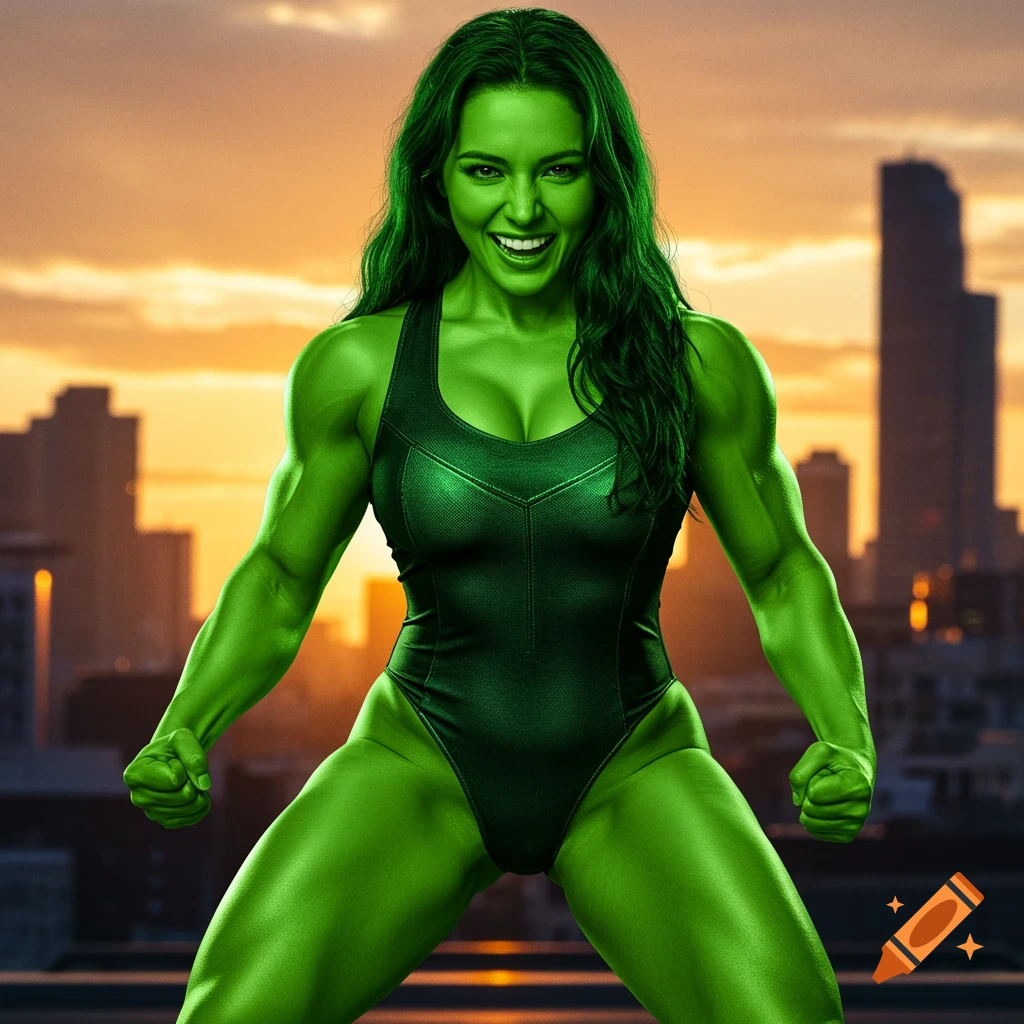 Muscular green woman (She-Hulk) in a bodysuit striking a pose against a city at sunset.
