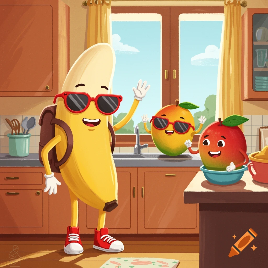 Cartoon banana with sunglasses and backpack waves to smiling mangoes on a kitchen counter. Cartoon style.
