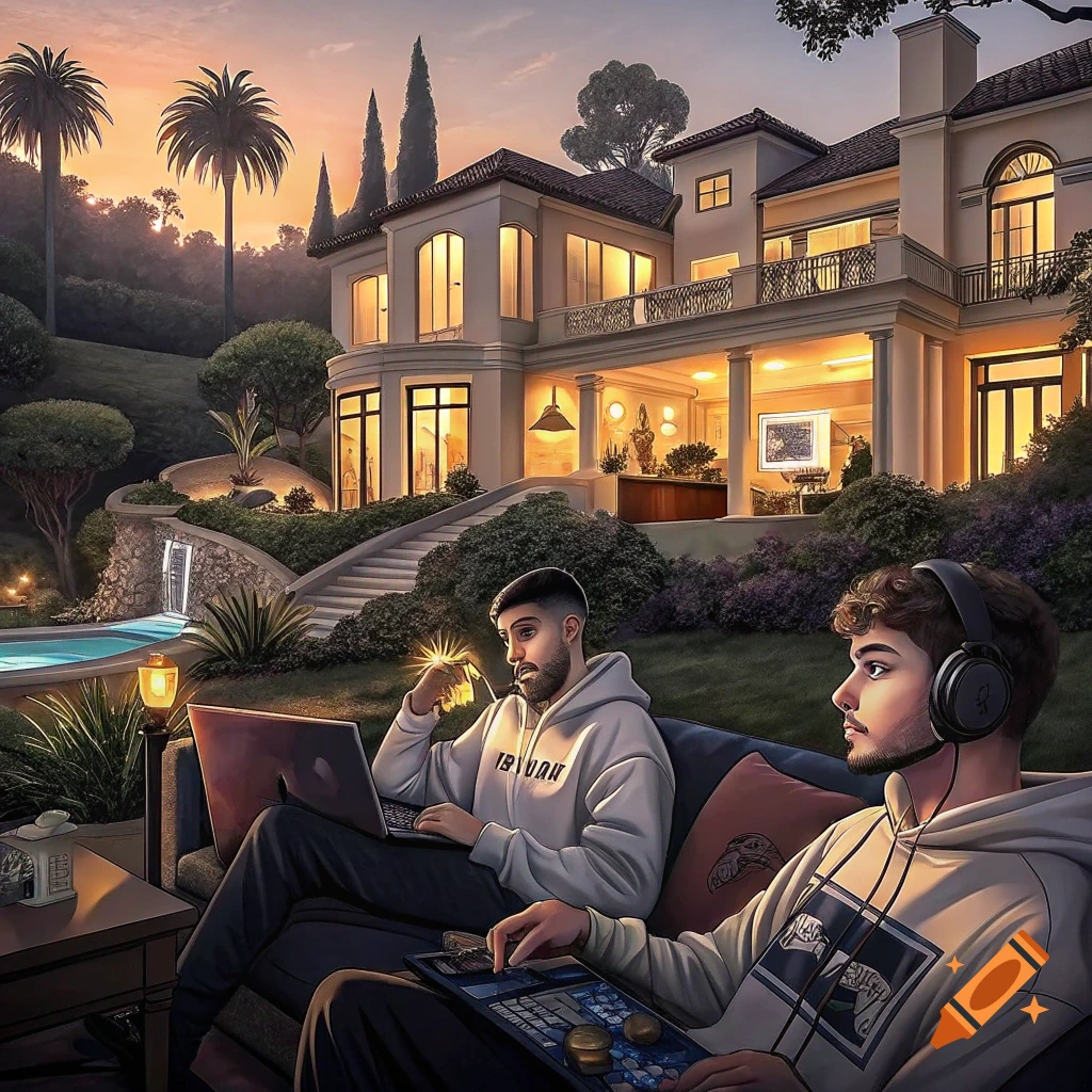 Illustration of two people on a couch outside a mansion at sunset, one with a laptop, one with headphones and a device.