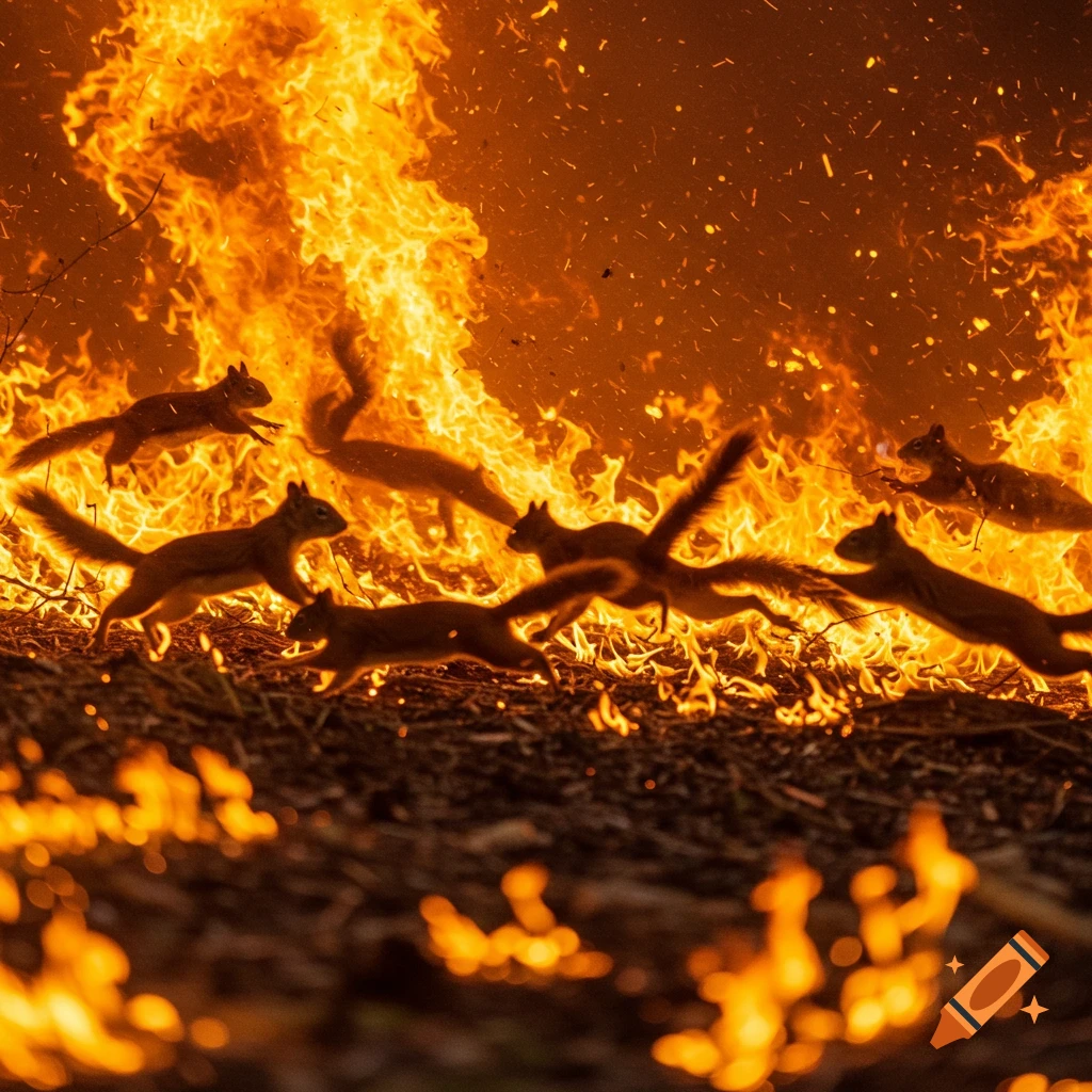 Photorealistic image of squirrels running through flames.