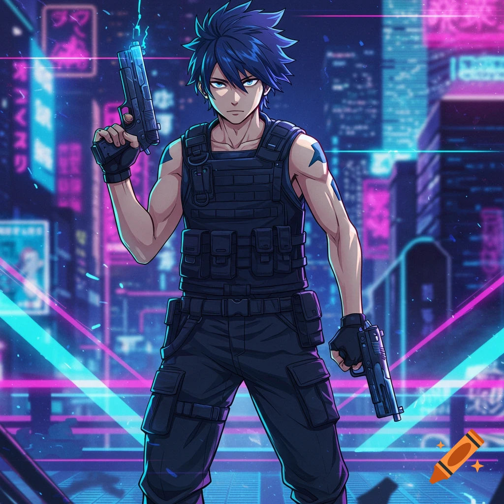 Anime guy in tactical gear holding two guns in a neon-lit cyberpunk city.