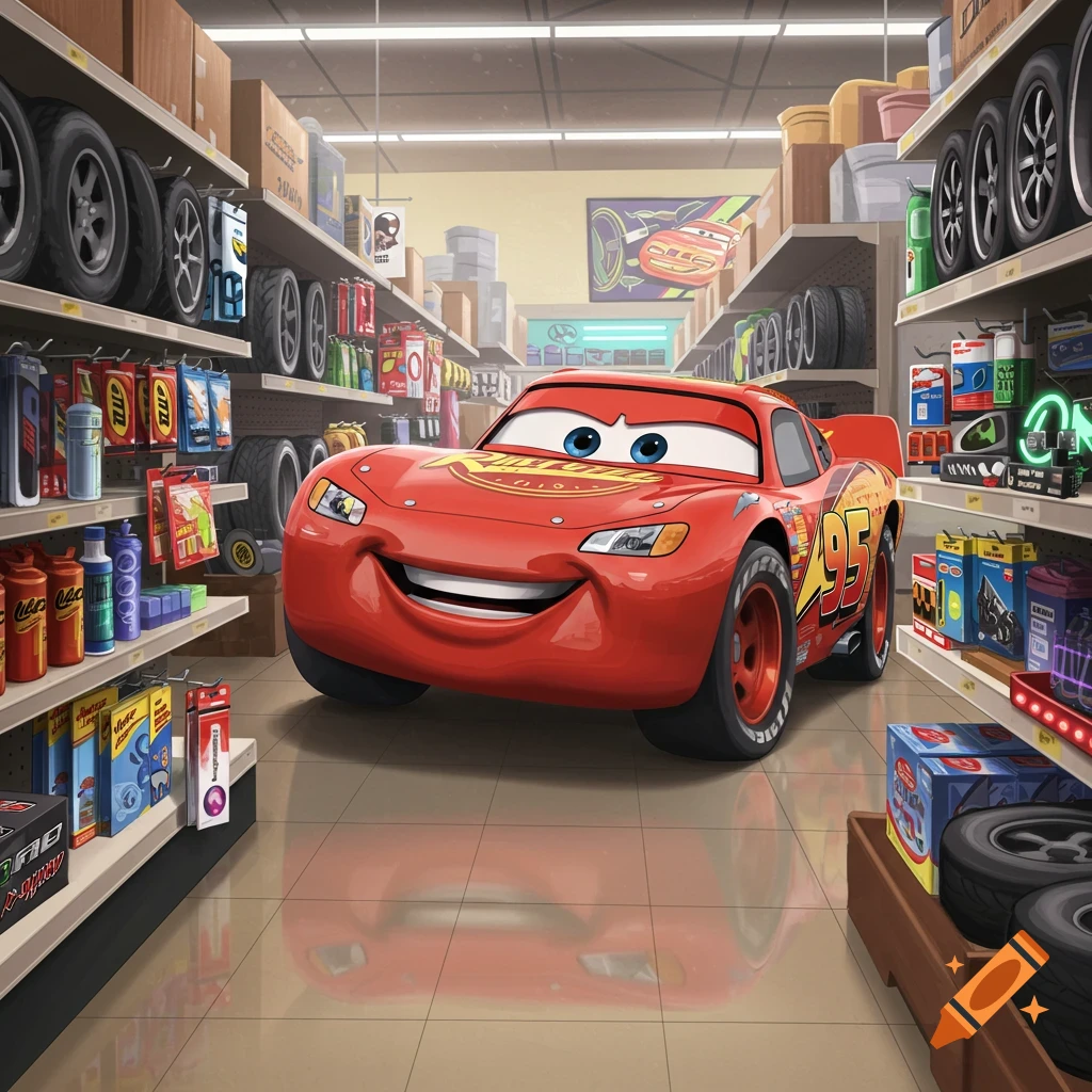 Lightning McQueen shopping in a store aisle.